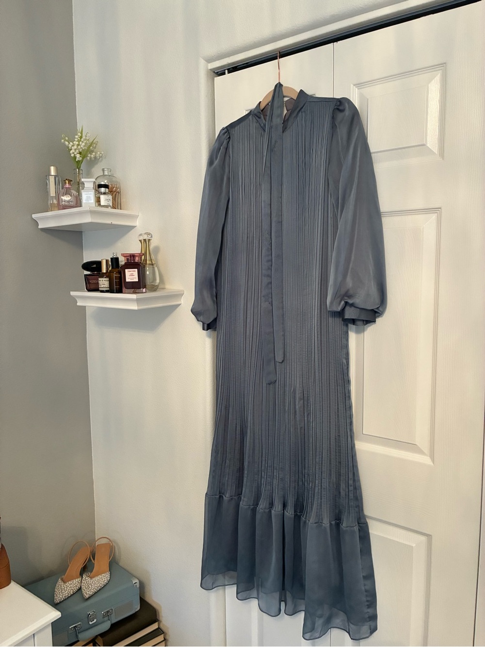 Elegant Slate Blue Pleated Maxi Dress with Tie Neck